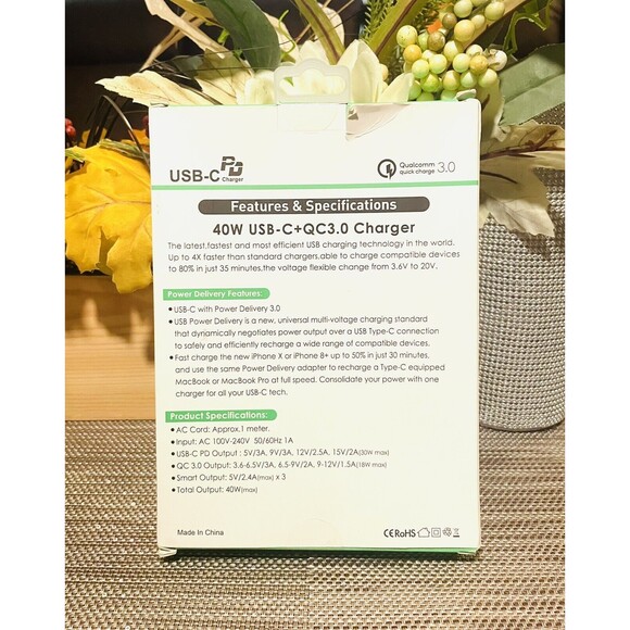 USB-C 40W 8a 5-Port USB Power Adapter Wall Charger Hub QC3.0 - Picture 2 of 2